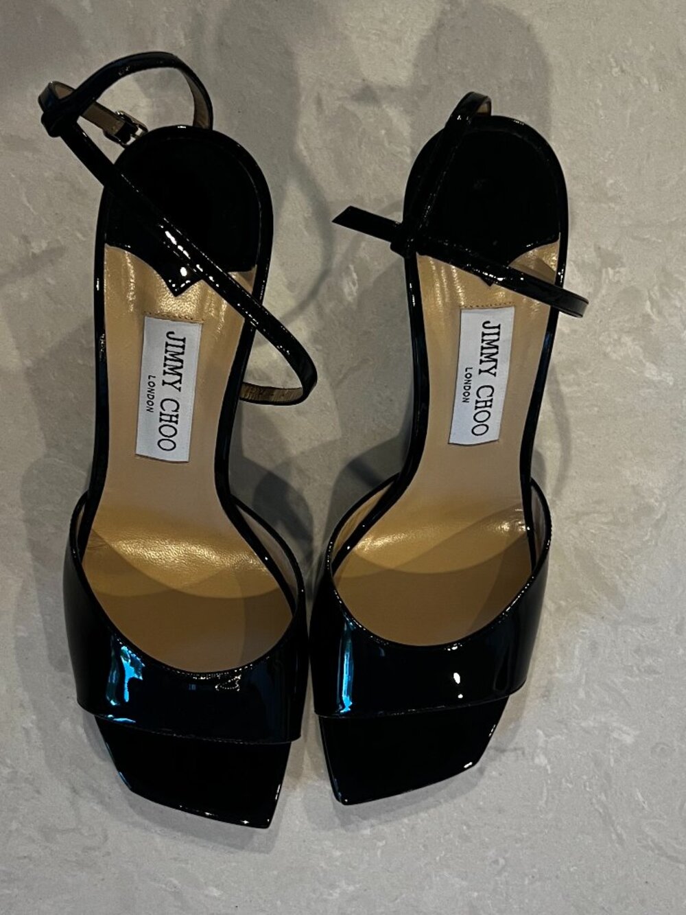 Jimmy Choo Brien 85 Black Patent Leather Wedge Sandals Size 38.5